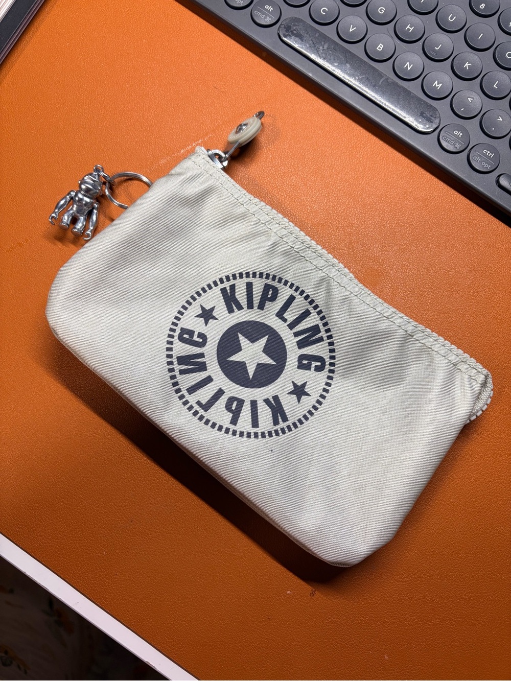 Kipling Small Zip Pouch in Light Beige with Silver Charm